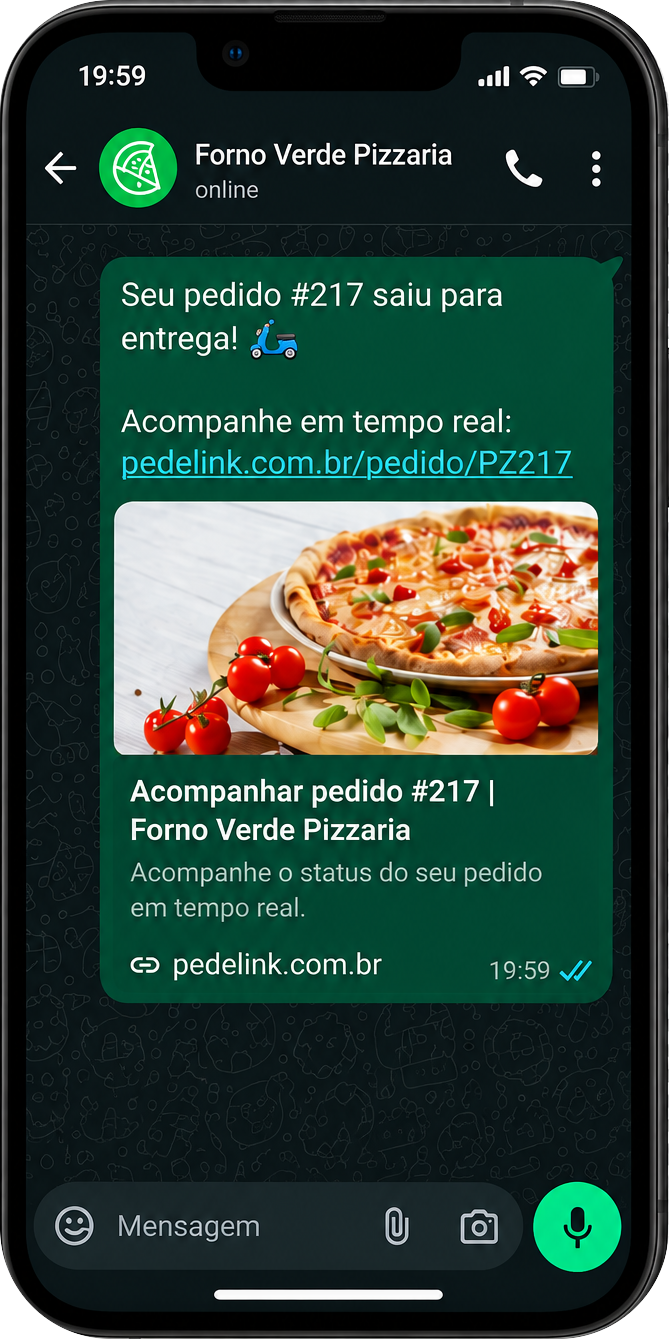 A mesma conversa mostrando o aviso de que o pedido saiu para entrega, com o link de acompanhamento e a prévia da página do pedido.