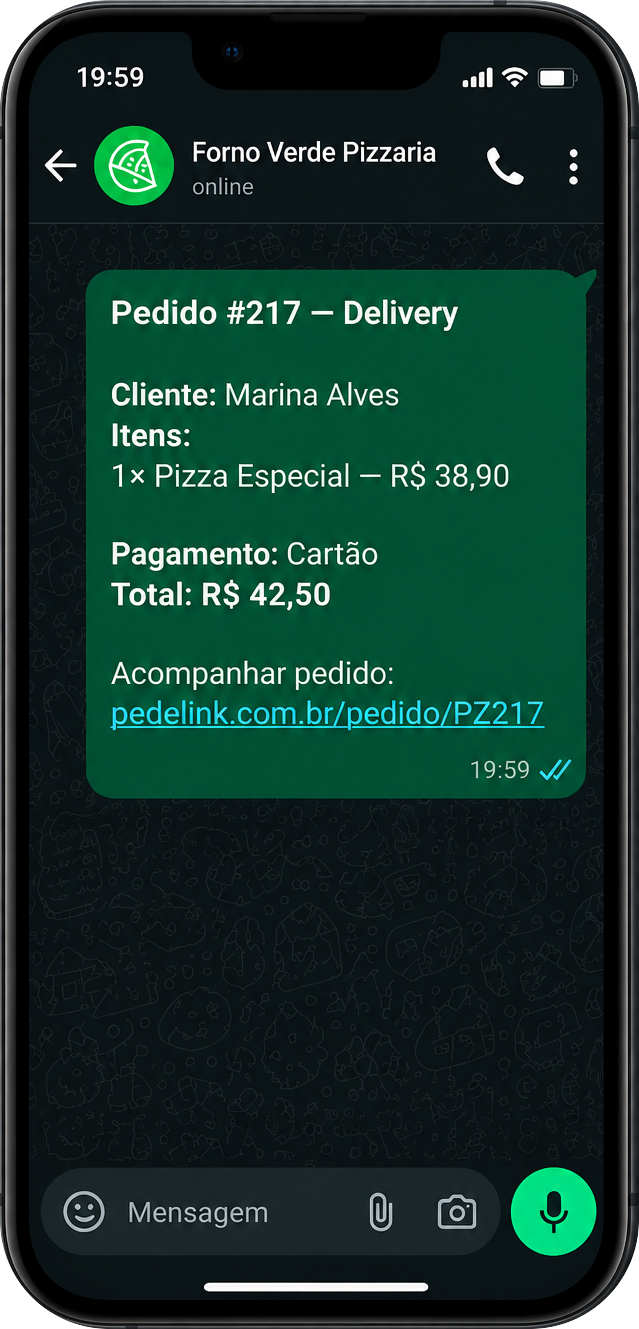 Celular do cliente com a conversa no WhatsApp da pizzaria, mostrando o pedido enviado com itens, forma de pagamento, total e o link para acompanhar.