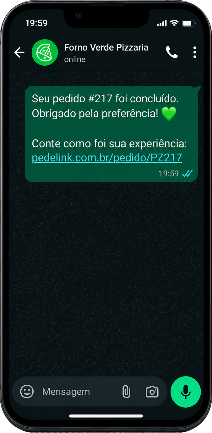 A conversa depois da entrega, com o agradecimento pelo pedido concluído e o convite para o cliente contar como foi a experiência.