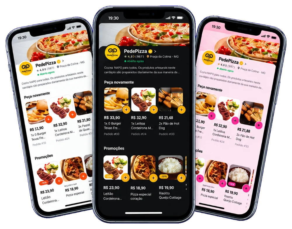 O mesmo cardápio digital da PedeLink em três temas diferentes, com cores e capas próprias, lado a lado em três telas